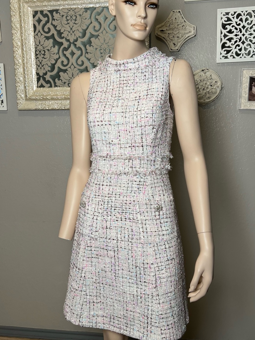 Sleeveless Tweed A-Line Dress in Pastel Pink - Picture 7 of 15